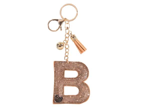Charm-llavero letra B bronce con pedrería y borla