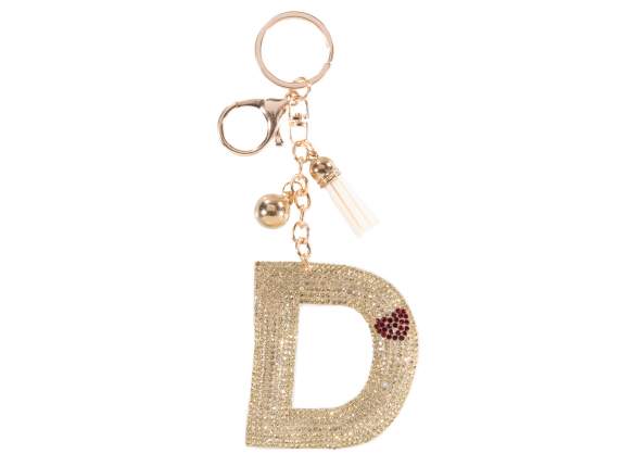 Charm - Llavero Letra D Dorado con Pedrería y Borla