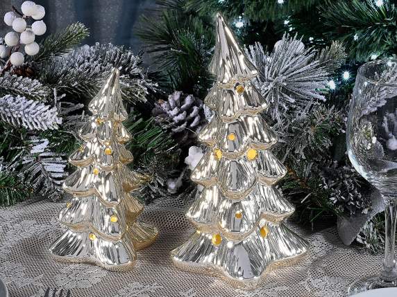 Lot de 2 sapins de Noël en céramique doré avec lumières LED