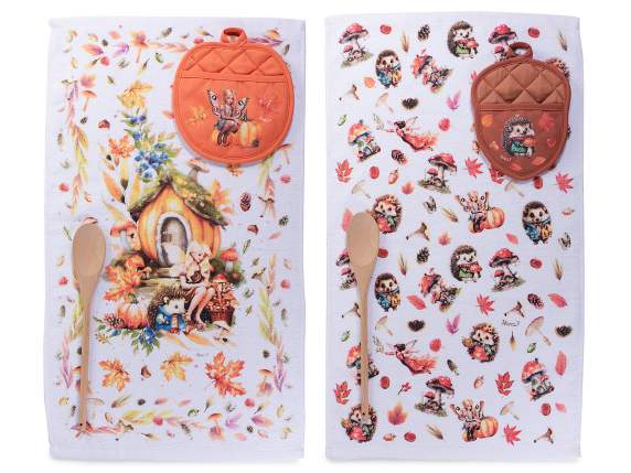 Ensemble torchons en coton avec manique et cuillère assortie