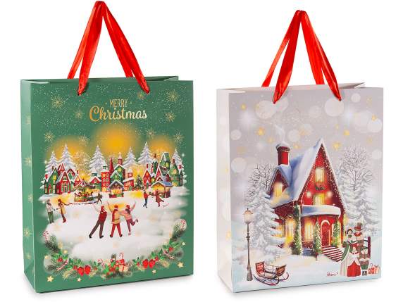 Bolsa-sobre de papel grande con asas y adornos navideños