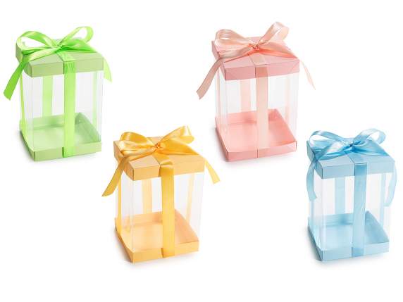 Caja de PVC con tapa y base de papel con lazo de raso