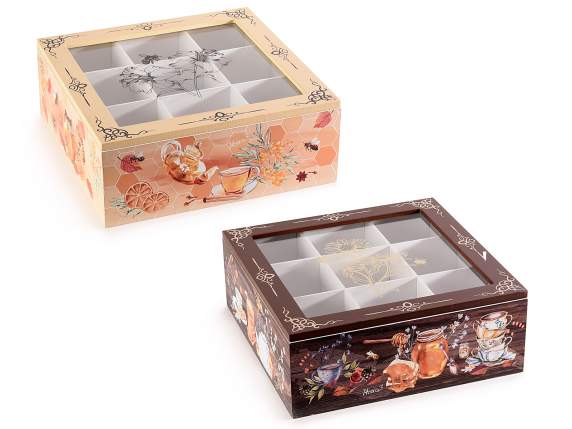 BeeHoney caja de té-especias de madera y vidrio con 9 compar