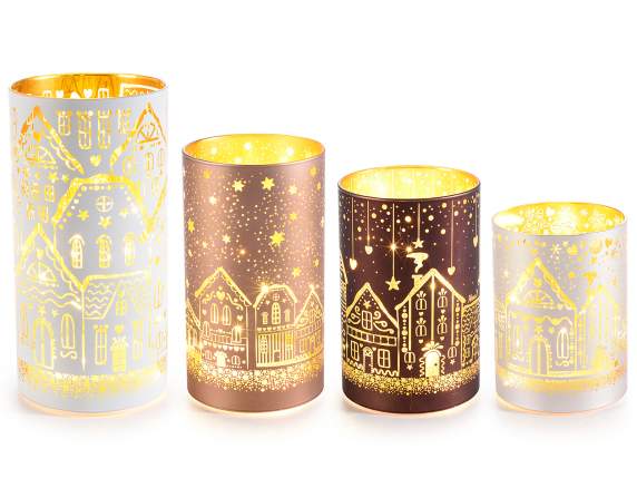Set 4 lámparas cilíndricas navideñas vidrio decorado con LED