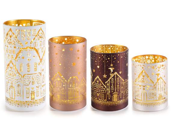 Set 4 lámparas cilíndricas navideñas vidrio decorado con LED