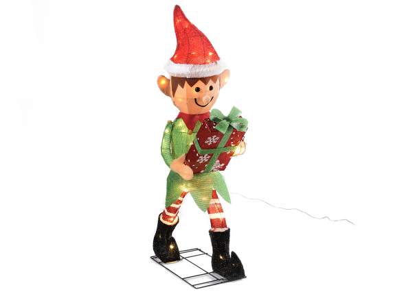 Elfo navideño con caja regalo, núcleo de metal y luces LED