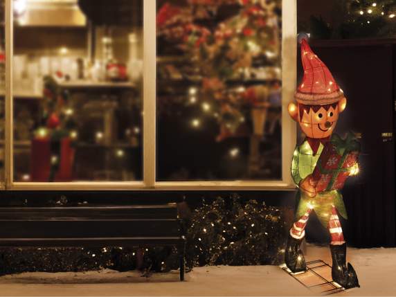 Elfo navideño con caja regalo, núcleo de metal y luces LED