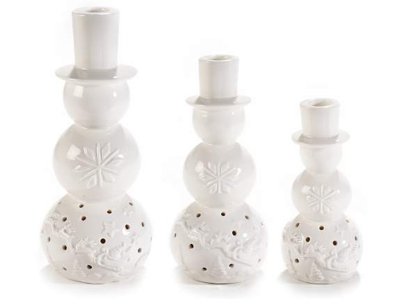 Set de 3 portavelas de porcelana muñecos de nieve con luces