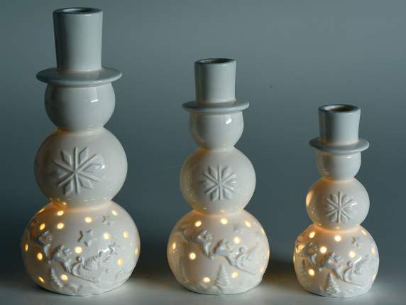 Set de 3 portavelas de porcelana muñecos de nieve con luces