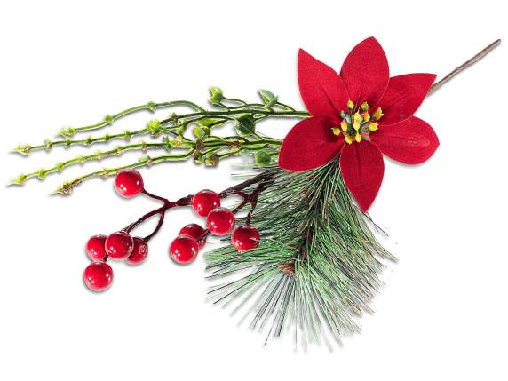 Ramita Estrella de Navidad artificial con bayas rojas y pino