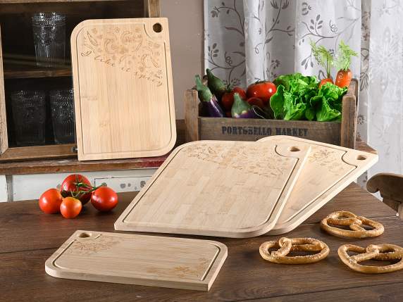 Set 4 tablas de cortar de bambú con decoraciones grabadas