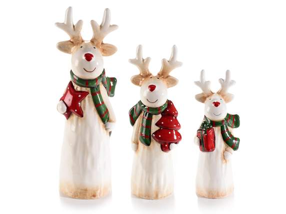 Set de 3 renos de cerámica con detalles navideños, para colo