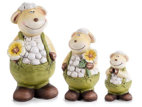 Ensemble de 3 moutons en terre cuite avec fleur à poser