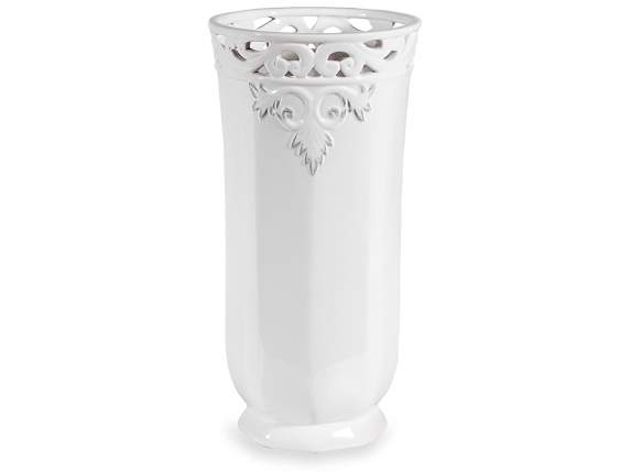 Glossy ceramic vase with decorated edge and relief