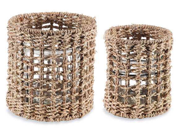 Lot de 2 bougeoirs - ustensiles en fibre avec pot en verre