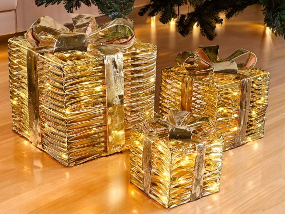 Lot de 3 coffrets cadeaux en métal doré avec lumières LED