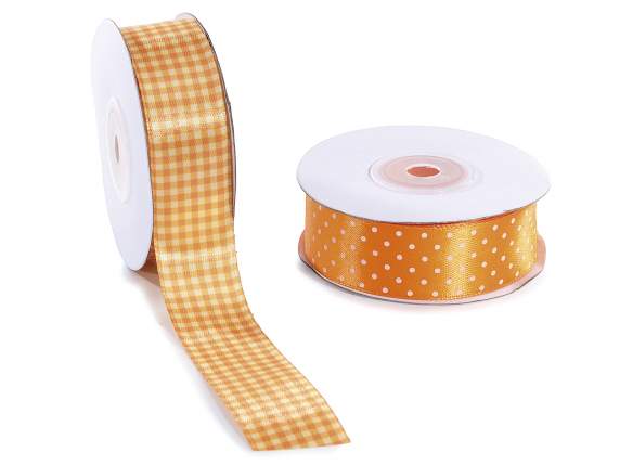 Panglică de satin portocalie de 25 mm cu buline și carouri