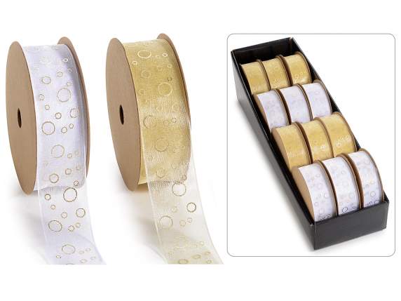 Afișaj 12 panglici organza 25mm cu imprimeu auriu