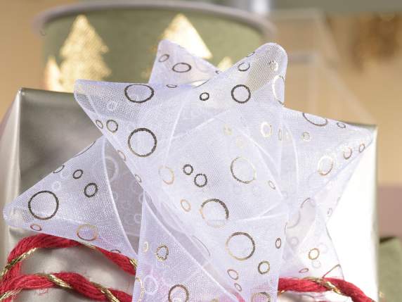 Afișaj 12 panglici organza 25mm cu imprimeu auriu
