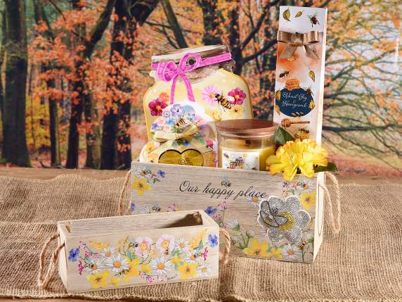 Lot de 2 paniers en bois avec anses en corde et décor floral