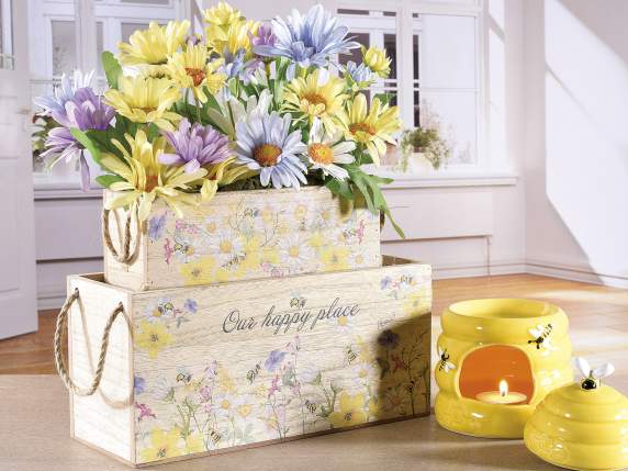 Lot de 2 paniers en bois avec anses en corde et décor floral