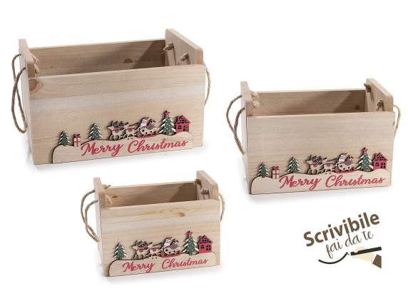 Lot de 3 boîtes en bois avec décorations de Noël et poignées