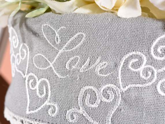 Panier en tissu avec broderie arbre de vie et dentelle