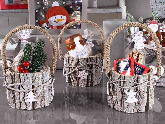 Panier en bois avec anse rigide et décoration de Noël
