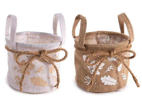 Conteneur - panier en jute avec décorations de feuilles et d