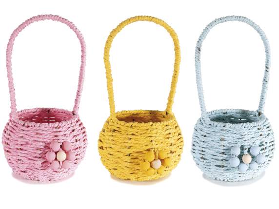 Panier avec anse en papier tressé et fleur en bois