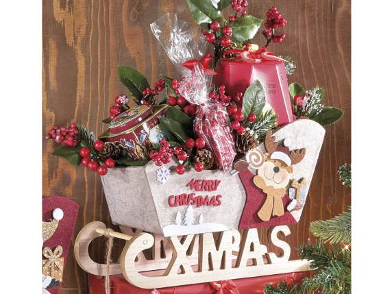 Panier traîneau de Noël en bois et tissu avec inscription