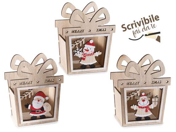 Panier cadeau en bois avec sculptures de Noël