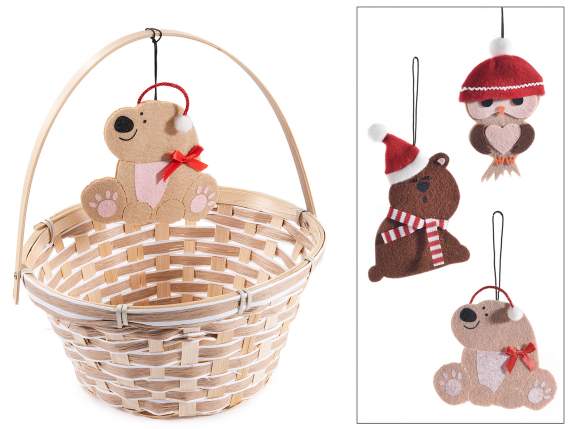 Panier rond en bambou avec anse, orné dun animal en tissu