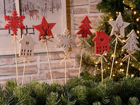 Décoration de Noël en tissu sur bâton en bois et nœud