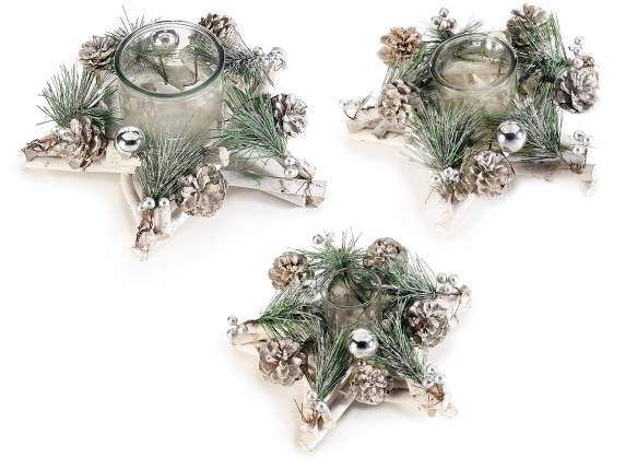 Set de 3 piese centrale stea din lemn cu suport de lumanare