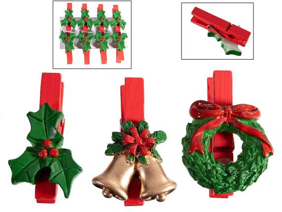 Blister 8 pinces à linge avec décoration de Noël en résine