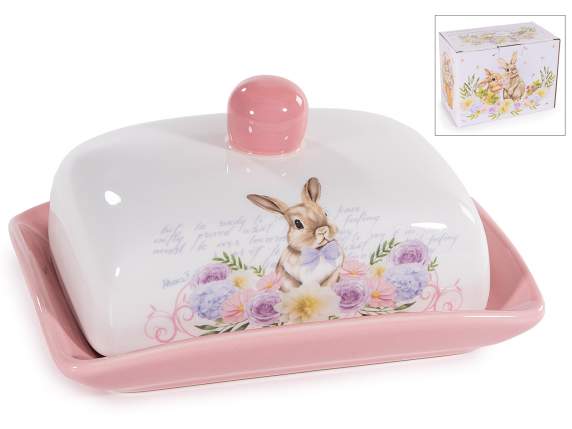 Beurrier en céramique avec imprimé lapin