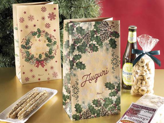 Pungă de hârtie kraft de Crăciun cu design Holly