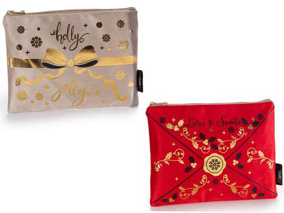 Pochette de Noël en velours avec fermeture éclair et détails