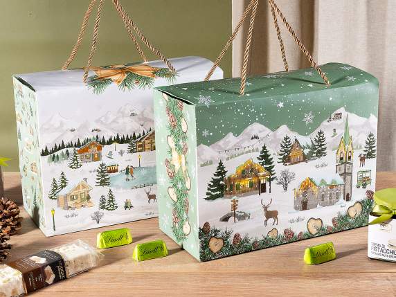 Boîte de Noël horizontale en papier avec poignées en corde