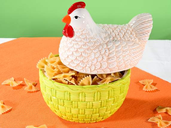 Récipient alimentaire en céramique avec panier et poule