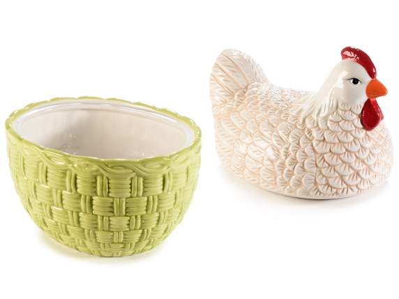 Récipient alimentaire en céramique avec panier et poule