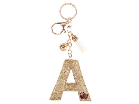 Charm - Porte-clés Lettre A Doré avec Strass et Pompon