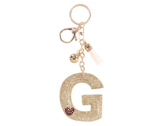 Charm - Porte-clés Lettre G Doré avec Strass et Pompon