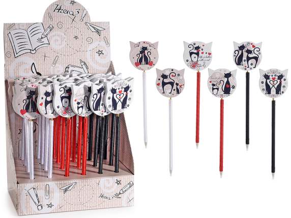 Stylo à bille en bois à ressort avec décoration de chat
