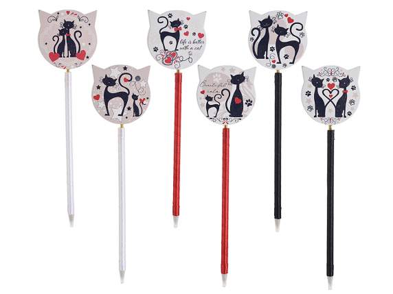Stylo à bille en bois à ressort avec décoration de chat