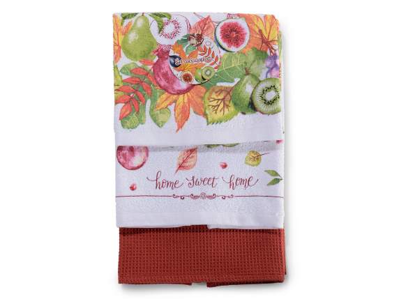 Set de 3 prosoape de bucatarie din bumbac cu frunze