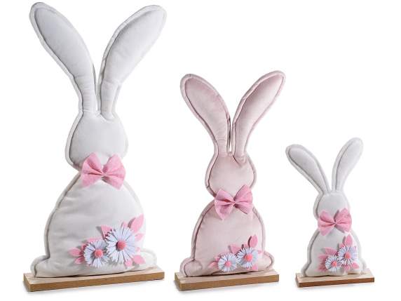 Set of 3 rabbits in velvet padded with flowers and bow