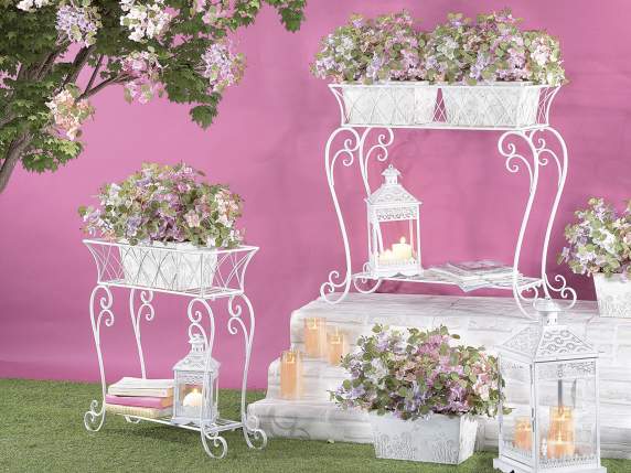 Set 2 jardiniere din metal alb cu raft de depozitare