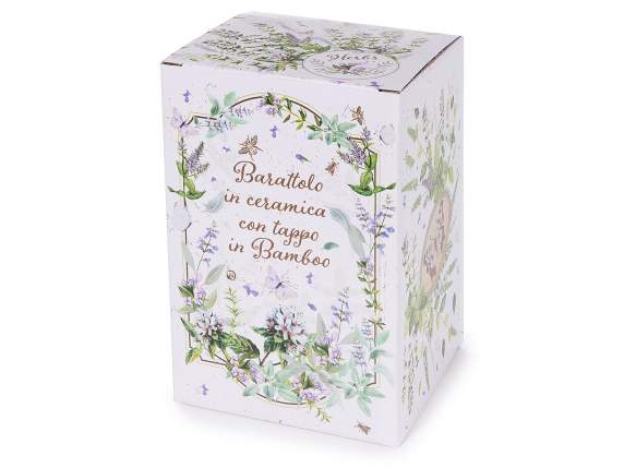 Borcan alimentar din ceramica cu capac decorat cu ierburi